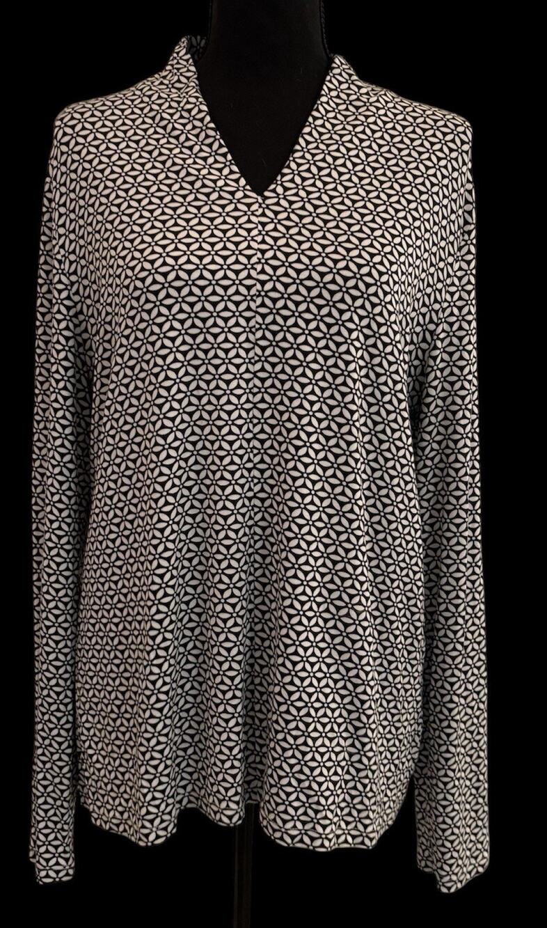 Talbots Jersey Knit Black and White Geometric Long Sleeve Top Size Large